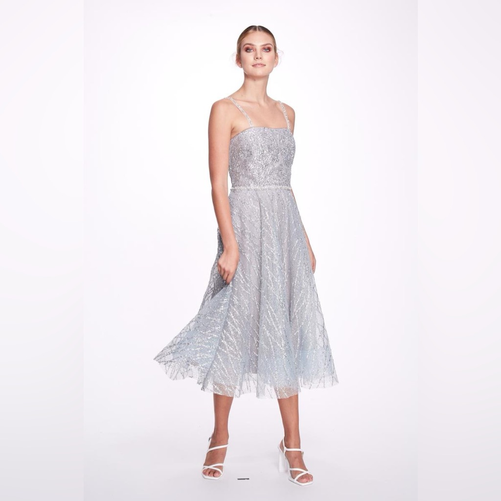 Nwt $795 Marchesa Notte Silver Sleeveless Embellished Glitter Tulle Midi Dress